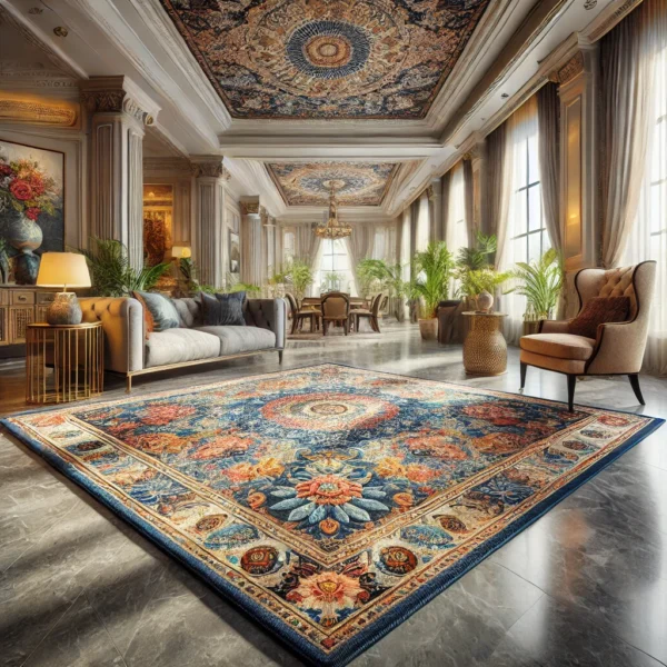 image of a machine-made printed rug in an elegant hotel room. The rug showcases vivid, detailed designs and is placed in